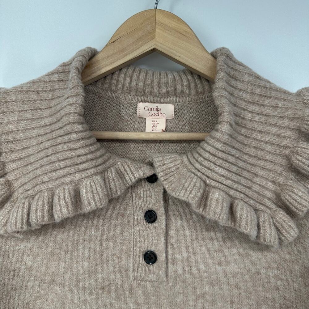 Camila Coelho Sweater Dress Peter Pan Collar Ruffle Chunky Knit Revolve Mini Tan - Picture 5 of 10